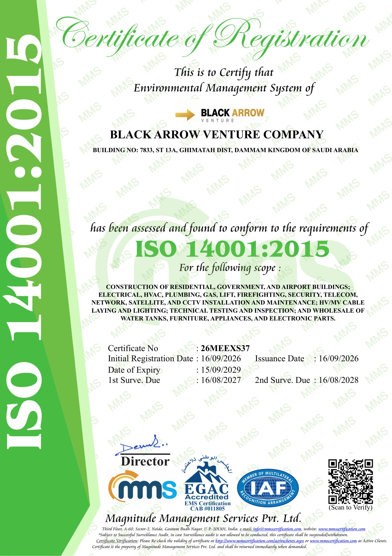 ISO 14001:2015 Certificate of Registration — Black Arrow Venture company