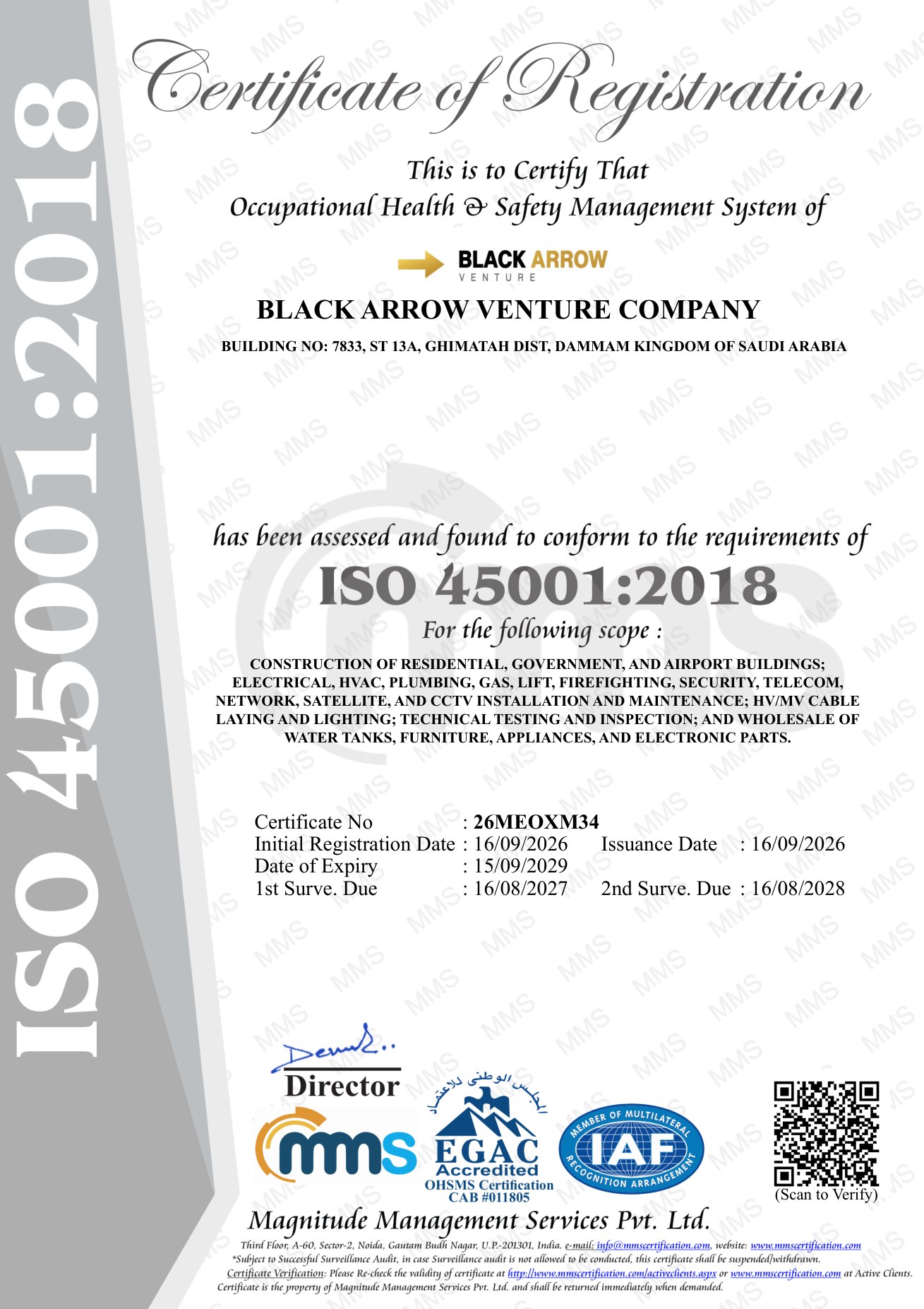 ISO 45001:2018 Certificate of Registration — Black Arrow Venture company