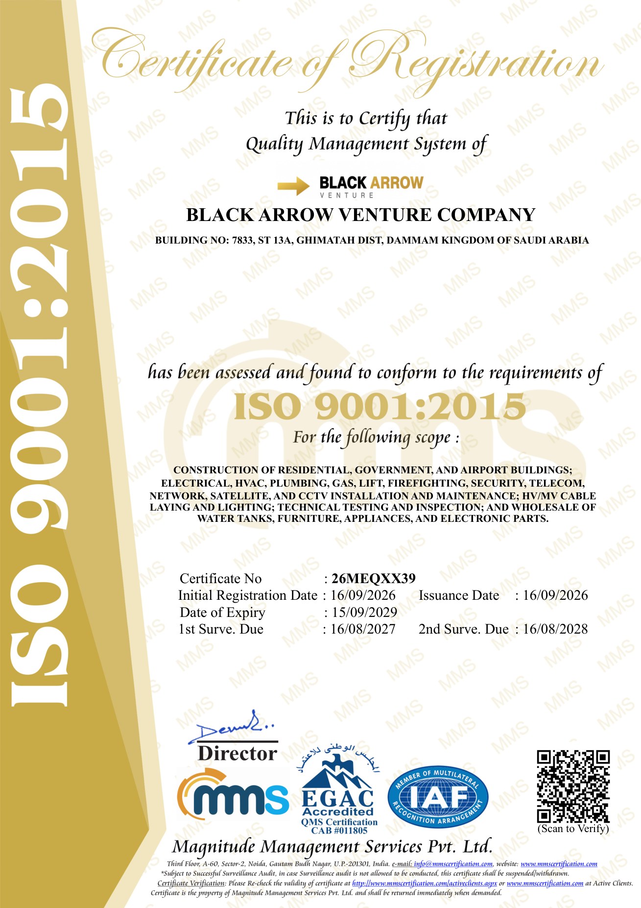 ISO 9001:2015 Certificate of Registration — Black Arrow Venture company