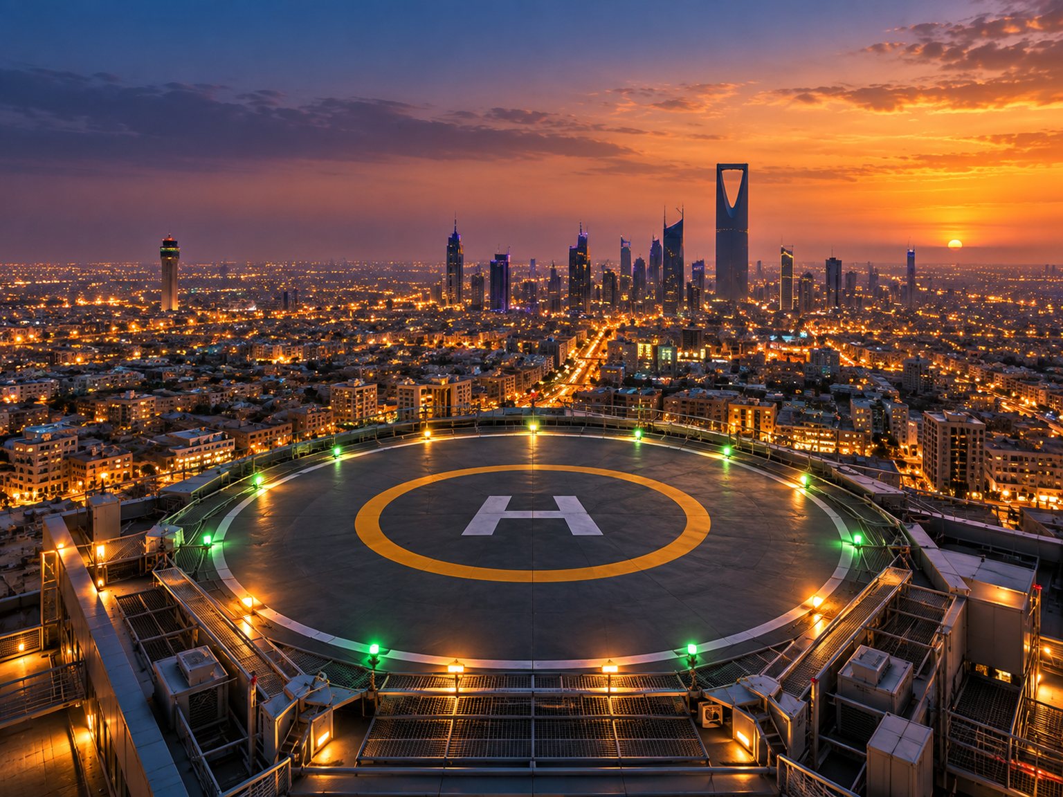 Helipad on a rooftop with perimeter lighting at dusk